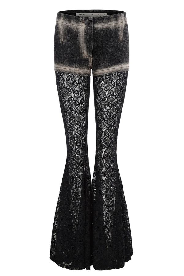 PengTai 24 autumn and winter splicing lace flared pants PT-PTW24D01-2-HEI